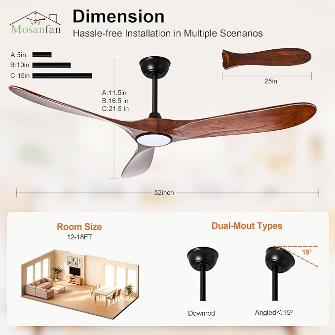 52 Inch Ceiling Fans with Lights and Remote, Wood Outdoor Ceiling Fan with 6 Speed Noiseless DC Motor, Indoor Modern 3 Blade Propeller Ceiling Fan for Bedroom Living Room Gazebo Patio(Walnut)