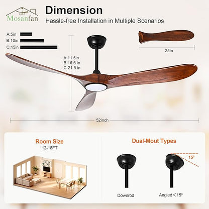 52 Inch Ceiling Fans with Lights and Remote, Wood Outdoor Ceiling Fan with 6 Speed Noiseless DC Motor, Indoor Modern 3 Blade Propeller Ceiling Fan for Bedroom Living Room Gazebo Patio(Walnut)