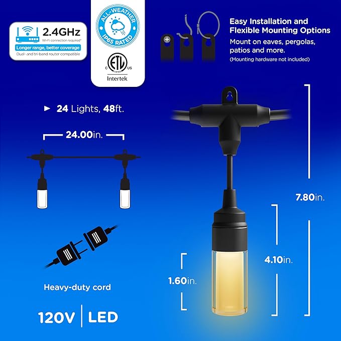 Enbrighten Vibe Modern Outdoor String Lights, 48ft, 24 RGBWIC Acrylic Bulbs, Weatherproof, Perfect for Gameday, Holidays, and More, Smart App Control, Compatible with Alexa, Google Home, 84013