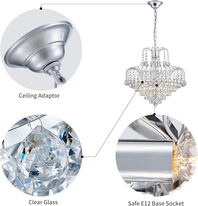 WUZUPS Crystal Chandelier Pendant Flushmount Ceiling Light Modern Lighting Fixture for Bedroom Hallway Bar Kitchen Bathroom, H 17.3" x W 18.9", Silver, E12 Base