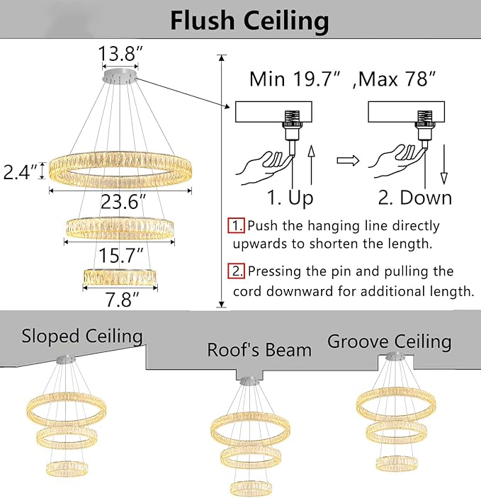 HAIXIANG Modern Glam Chandelier Crystal LED Remote Rings Chandelier Adjustable Hanging Ceilings Pendant Lights Fixture Silver 8"+16"+24" Rings Lighting