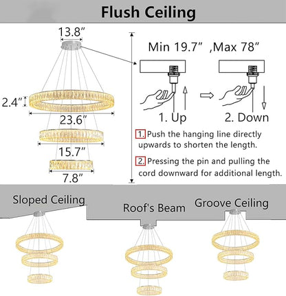 HAIXIANG Modern Glam Chandelier Crystal LED Remote Rings Chandelier Adjustable Hanging Ceilings Pendant Lights Fixture Silver 8"+16"+24" Rings Lighting