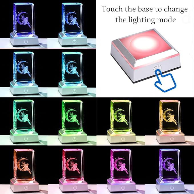 3D Crystal Cube Fairy & Moon Figurines Night Light Room Decor Engraved Glass Fairy Gifts for Girls Adults Women, Collectible Paperweight Statue Ornament