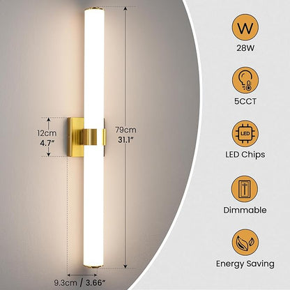 AIJIASI Gold Bathroom Light Fixtures Over Mirror - 31inch Vanity Light Fixture 28W 5CCT Dimmable LED Bathroom Sconce with Acrylic Shade Vanity Light Bar for Mirror Bedroom Living Room