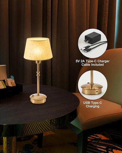 UMEXUS Small Cordless Lamp Rechargeable Table Lamps Set of 2, Dimmable Battery Operated Lights, Portable Accent Light for Side Table Restaurant Dining Outdoor, Beige Fabric Shade, Antique Brass