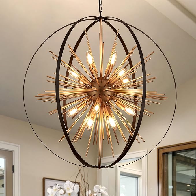 31.5" Black Gold Large Globe Sputnik Chandelier, 16-Light Mid Century Modern Industrial Starburst Golden Metal Satellite Light Fixture for High Ceiling Living Room Dining Room Foyer, E12