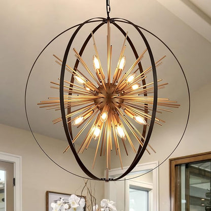 31.5" Black Gold Large Globe Sputnik Chandelier, 16-Light Mid Century Modern Industrial Starburst Golden Metal Satellite Light Fixture for High Ceiling Living Room Dining Room Foyer, E12