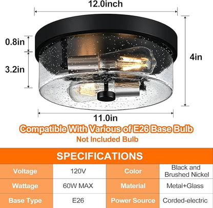 Flush Mount Ceiling Light Fixtures, 2-Light Black and Silver Ceiling Mount for Farmhouse with Seeded Glass Lampshade, Industrial Flush Mount Light Fixture for Hallway, Kitchen, Entryway and Foyer