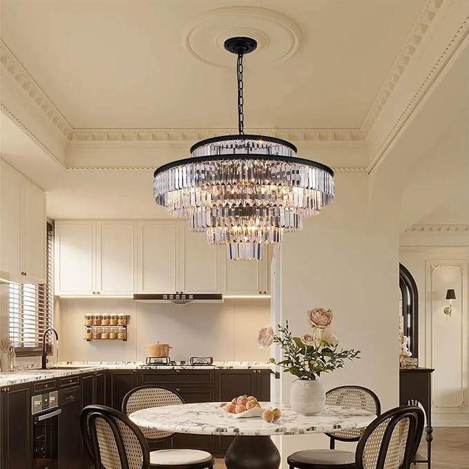 Crystal Chandelier Black Large 6-Tier Chandeliers Lighting Fixture for Bedroom Living Room Foyer Hallway 17-Lights (Dia 31 Inch)