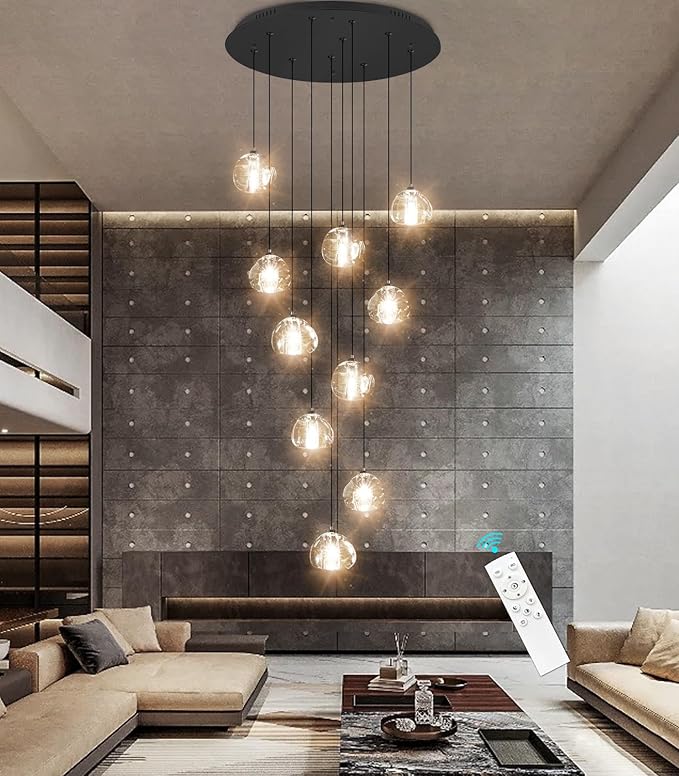 HAIXIANG LED Chandeliers for Dining Room Adjust High Ceiling Chandelier Light Fixtures Entrance LED Dimmable Ceiling Pendant Drops Light Remote Lights for Living Room Stairwell 2700K 6000K