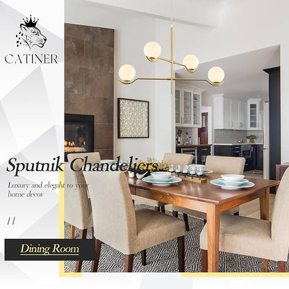 CATINER 4 Lights Modern Gold Sputnik Chandelier, L31 '' Large Mid Century Long Ceiling Pendant Light Fixtures with Milk Glass Globe Shades for High Ceiling Living Room Foyer Dining Room Bedroom