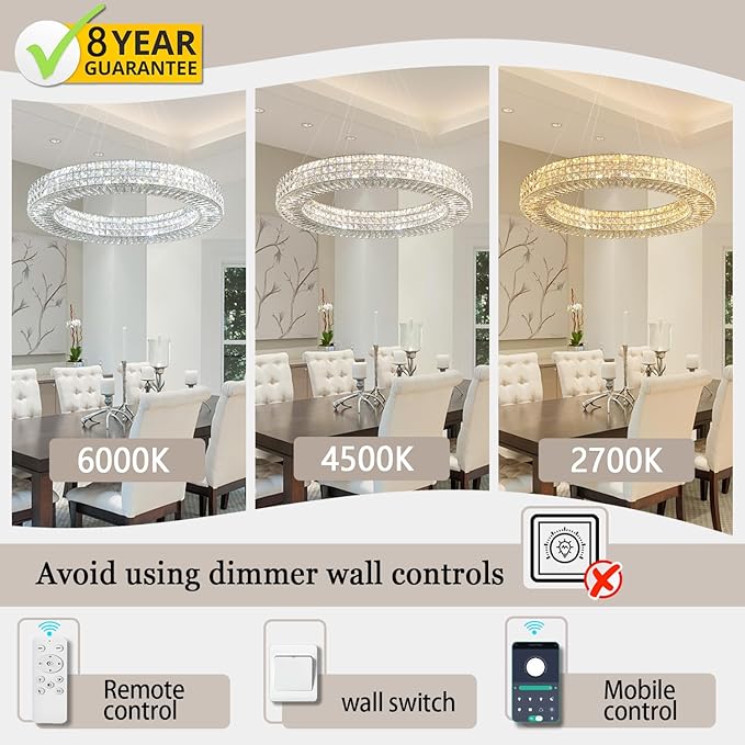 ykolupty Dia 24" Modern Crystal Chandelier Silver Ring Chandelier Adjustable Height Luxury Crystal Pendant Ceiling Light Fixture for Dining Living Room Bedroom