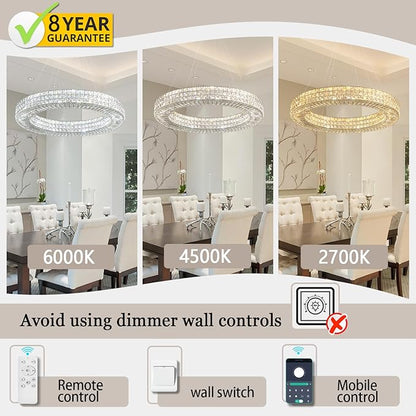 ykolupty Dia 24" Modern Crystal Chandelier Silver Ring Chandelier Adjustable Height Luxury Crystal Pendant Ceiling Light Fixture for Dining Living Room Bedroom
