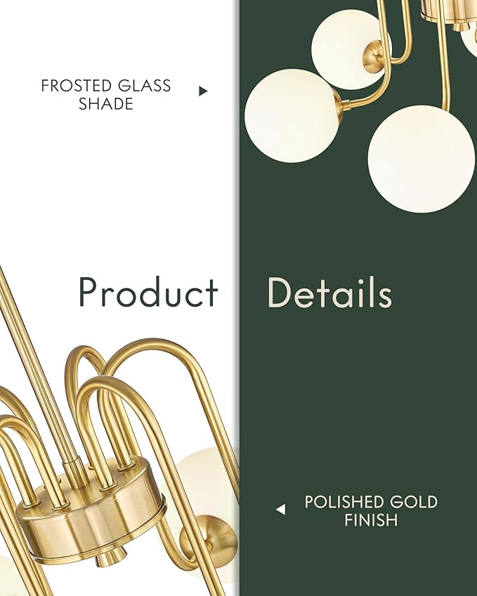 Gold Chandelier with Frosted Glass Globe, 6-Light Modern Pendant Light for Kitchen, Bedroom, Hallway, Living Room,CKPL4845-6P-PG