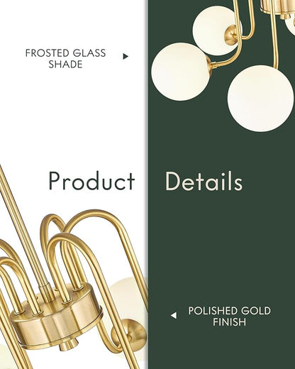 Gold Chandelier with Frosted Glass Globe, 6-Light Modern Pendant Light for Kitchen, Bedroom, Hallway, Living Room,CKPL4845-6P-PG