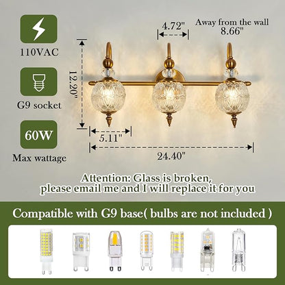 Piepooye Vintage Bathroom Lights Fixtures Gold Vanity Light with Glass Globe LampShade 3 Light Mid Century G9 Bulb Wall Sconce Indoor Vanity Light Over Mirror for Kitchen Bedroom Farmhouse Living Room