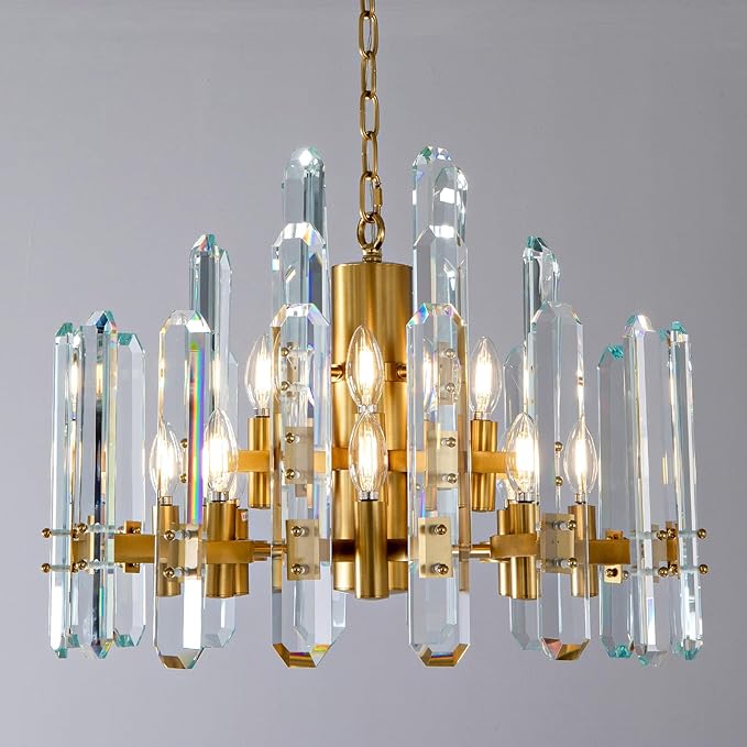 24" Modern Gold Crystal Chandelier, 12-Light Luxury Round Chandeliers for Dining Room, Living Room, Bedroom, Foyer, Entryway, Kitchen, Contemporary K9 Crystal Adjustable Chain Chandelier Light Fixture