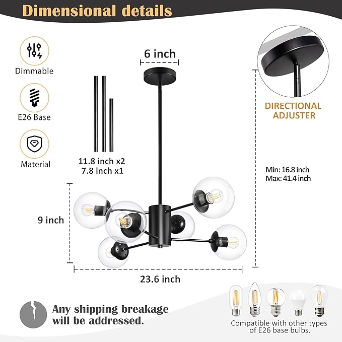 Bagood 6-Light Globe Sputnik Chandelier Modern Black Sputnik Chandelier Mid Century Pendant Light Matte Black Finished with Clear Globe Glass Lampshade Chandeliers for Dining Room Kitchen