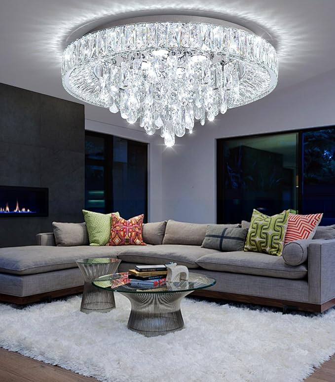 23.6" Modern Crystal Chandeliers LED Dimmable Flush Mount Ceiling Chandeliers for Living Room Entrance Foyer Bedroom Silver
