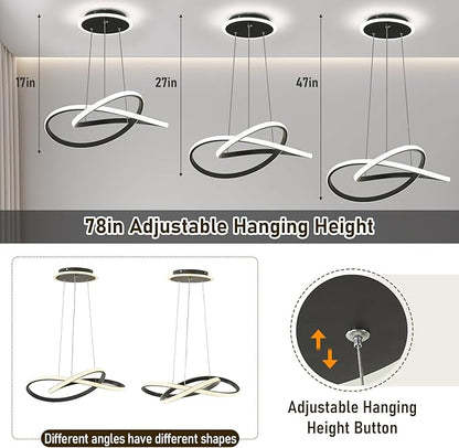 Modern LED Chandelier, 3-Color Dimmable with Remote Control, Adjustable Height Pendant Light Fixture with Base LED Light Strip, Modern Hanging Light for Dining Room Kitchen Island Living Room