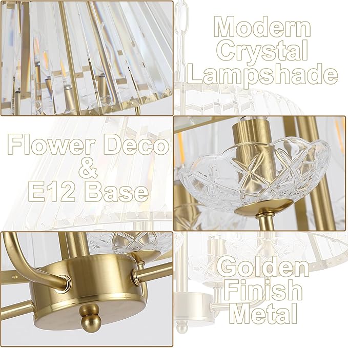 17.7" Modern Crystal Chandelier Vintage Mid Century Modern 4-Lights Gold Crystal Chandelier Light Fixture Drum Golden Chandelier for Dining Room, Bedroom, Kitchen Island, Entryway, E12