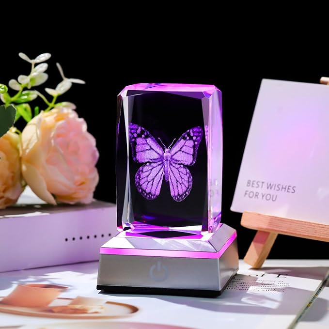 3D Crystal Butterfly for Mom Women or Men, Laser Etched Glass Butterfly Figurine Decor Stuff with Colorful LED Base Nature Lovers Keepsakes Paperweight Gifts for Birthday
