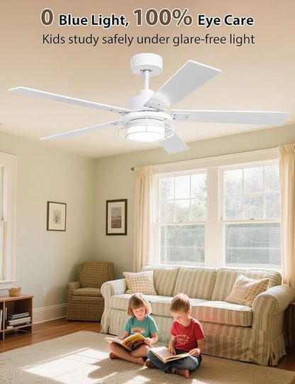 52" White Ceiling Fan with Lights & Remote -Farmhouse Ceiling Fan for Bedroom with High Airflow,Quiet DC Motor 6-Speed Indoor/Outdoor