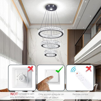 Finktonglan 3-Ring Crystal LED Chandelier, Cool White 6500K, 52W Integrated, Adjustable Height & Shapes, K9 Crystal & Stainless Steel Pendant Light for Dining Living Room Foyer, Non-Dimmable