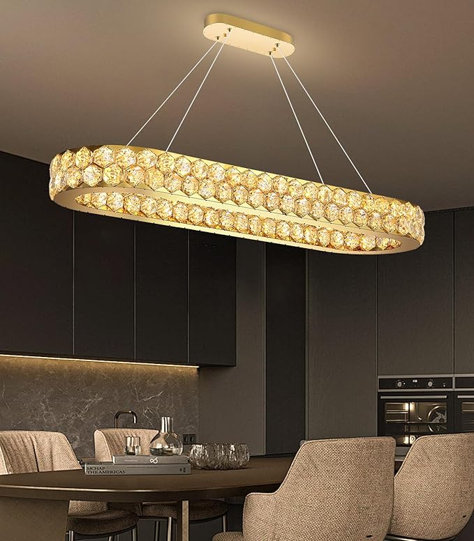40'' Modern Oval Chandelier Crystal Chandeliers for Dining Room Round Ceiling Light Fixture for Living Room Lighting LED Dimmable with Remote Ring Lights Gold