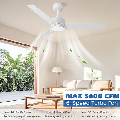 52 inch Ceiling Fans with Lights and Remote, Dimmable 3 Color temperatures LED, Reversible with Quiet DC Motor, 3 Blade High CFM Indoor Outdoor Modern Ceiling Fan for Bedroom Living Room (White)