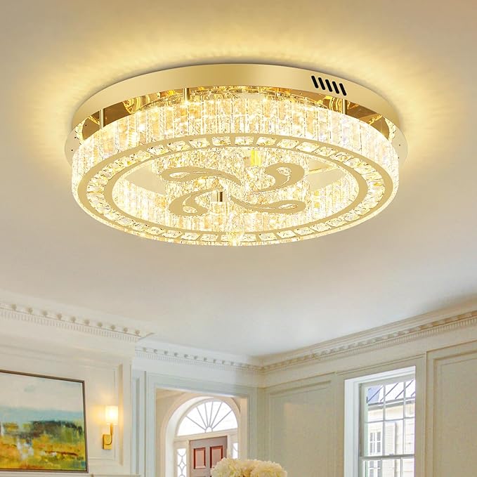 24'' Gold Modern Crystal Chandelier LED Dimmable Flush Mount Crystal Ceiling Light for Living Room Bedroom Dining Room