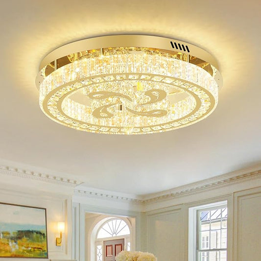 24'' Gold Modern Crystal Chandelier LED Dimmable Flush Mount Crystal Ceiling Light for Living Room Bedroom Dining Room