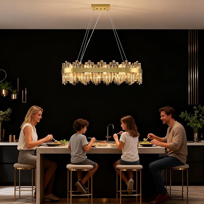 Weesalife Gold Crystal Chandeliers for Dining Room, 20 Lights Modern Oval Chandelier for Lining Room, Rectangular Crystal Pendant Light Fixture for Kitchen Island Bar L36 Inch