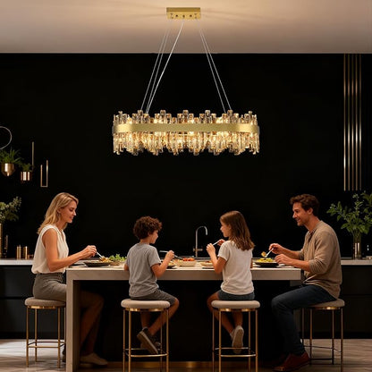 Weesalife Gold Crystal Chandeliers for Dining Room, 20 Lights Modern Oval Chandelier for Lining Room, Rectangular Crystal Pendant Light Fixture for Kitchen Island Bar L36 Inch