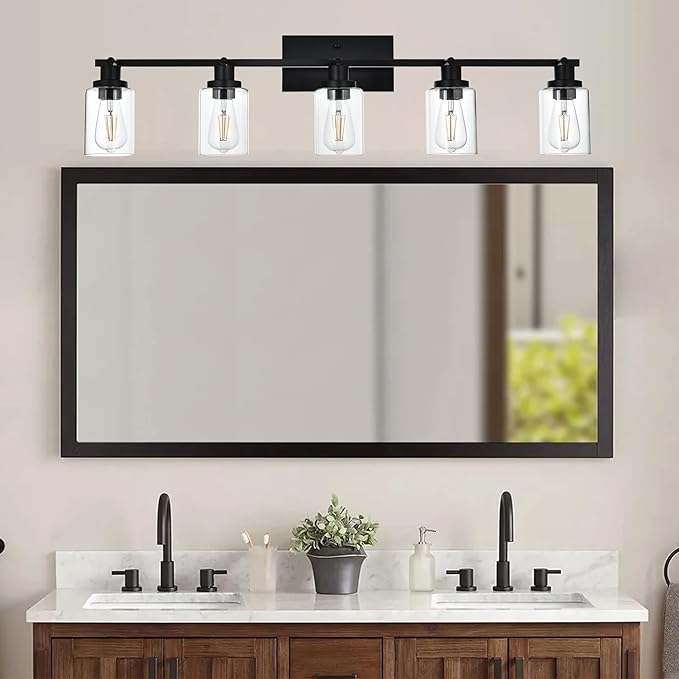 MELUCEE 5 Light Vanity Lights for Bathroom with Rotatable Light Head, Black Ceiling Light Fixture with Clear Glass Shade, Modern Spotlight Track Lighting Kit for Hallway Porch Foyer Bath, 37 Inch