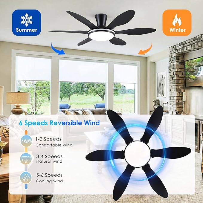 BayDay Ceiling Fans with Lights, Flush Mount Ceiling Fan Led Lights Quiet DC Dimmable 6 Blades (Black Fan, Led Light + Side RGB Light, 51 inch)