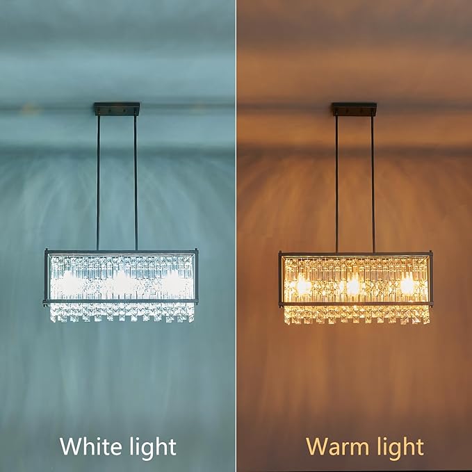 LMQNINE Modern Rectangle Chandelier for Dining Room, Black Crystal Chandelier Linear Light Fixture, Farmhouse Chandeliers for Kitchen Island, Bar Table, L25.98'' x W9.84'' x H8.66''