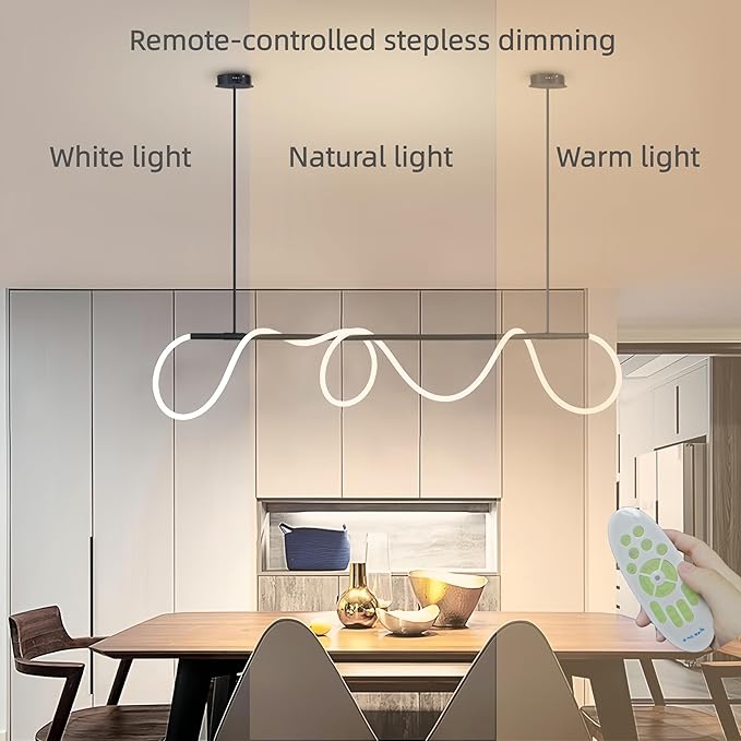 SMG Modern LED Linear Pendant Light for Dining Room, Dimmable Black Kitchen Chandelier, 47" Linear DIY Chandelier with Remote Control Stepless Dimming, Restaurant Office Long Hose Lamp
