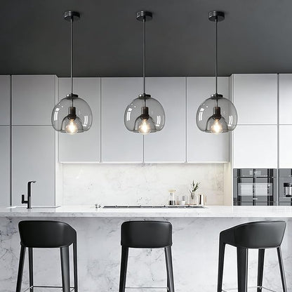 9.1in Large Smoke Glass Pendant Light for Kitchen Island, 2-Pack with Extra 2 LED Bulbs & 4.92ft Adjustable Cord | Modern Minimalist Lighting for Dining Room, Living Room, Entryway