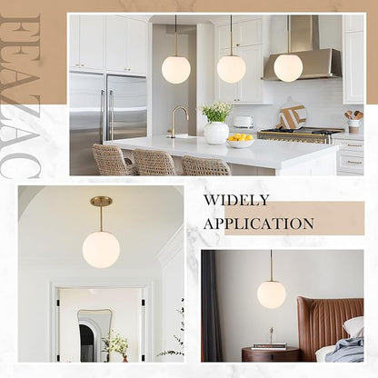 Milk Globe Pendant Light, Mid Century Modern Ceiling Hanging Lights Fixture with Height Adjustable, Brass Gold Pendant Lighting for Kitchen Island, Hallway, Dining Room, Living Room (1 Pack)