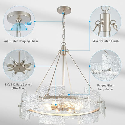 XINGQI 26" Large 8-Light Modern Silver Glass Chandelier Drum Light Fixture Round Water Ripple Pendant Lighting for Dining Room Living Room Kitchen Island Office