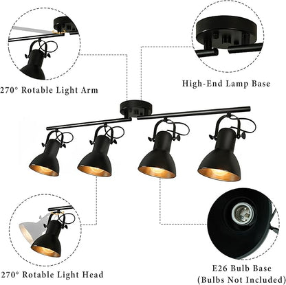 4-Light Track Lighting Kit 36" Kitchen Track Lighting Fixtures Ceiling with 4 Rotatable Light Heads, Track Lights Ceiling Mount Industrial Track Light for Living Room Bedroom Bar Hallway Office