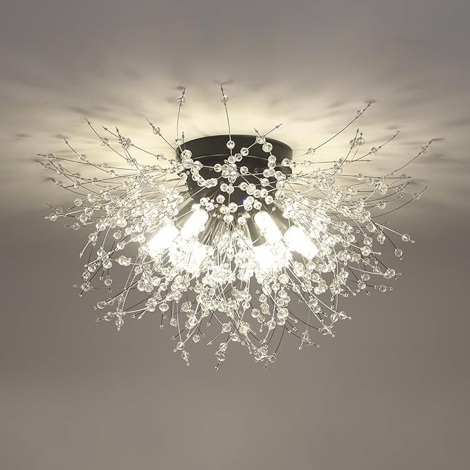 HMVPL Black Ceiling Light Fixture,6-Light Firework Sputnik Flush Mount Ceiling Light with K9 Crystal String,Modern Close to Ceiling Light for Bedroom Bathroom Hallway Kitchen Entrance Closet