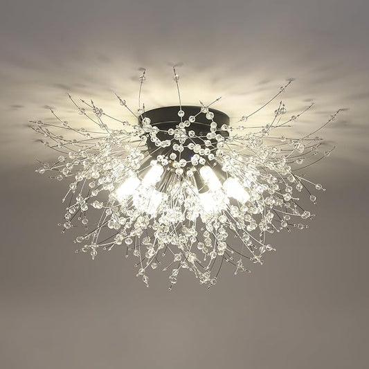 HMVPL Black Ceiling Light Fixture,6-Light Firework Sputnik Flush Mount Ceiling Light with K9 Crystal String,Modern Close to Ceiling Light for Bedroom Bathroom Hallway Kitchen Entrance Closet