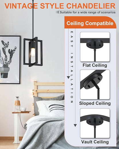 2 Pack 1 Light 7.3" Hanging Farmhouse Indoor Kitchen Island Pendant Light Lantern Cage Black Finish,for Kitchen Island Over Sink Dining Room,Adjustable Length UL Certification