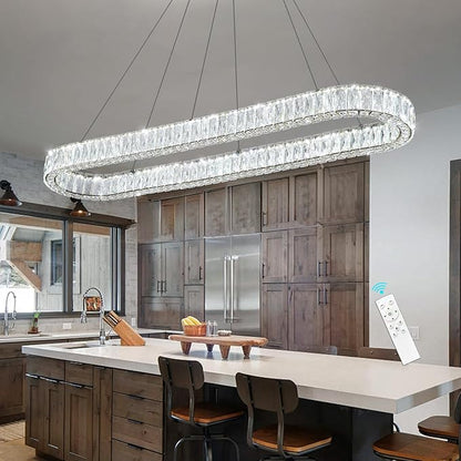 HAIXIANG Modern Crystal Chandelier Dimmable LED Long Chandeliers for Dining Table Pendant Lights Rectangular Glam Lighting Fixtures for Dining Room Kitchen Island Black