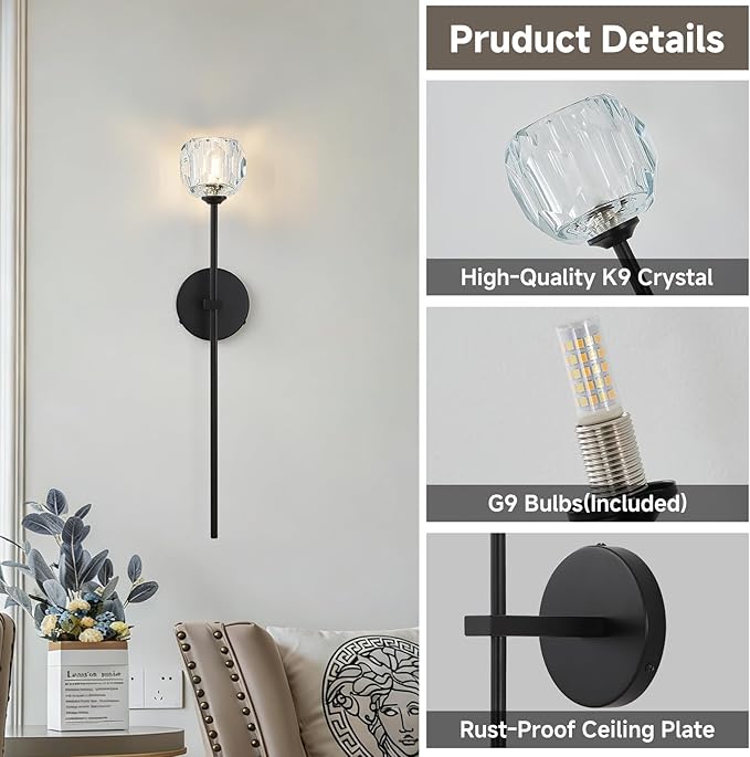Black Crystal Wall Sconces with G9 Bulbs, Mid Century Modern Diamond Decor Light Brass Vintage Long Lighting Fixture Hardwired for Elegant Vanity Living Room Bedroom Bathroom Hallway