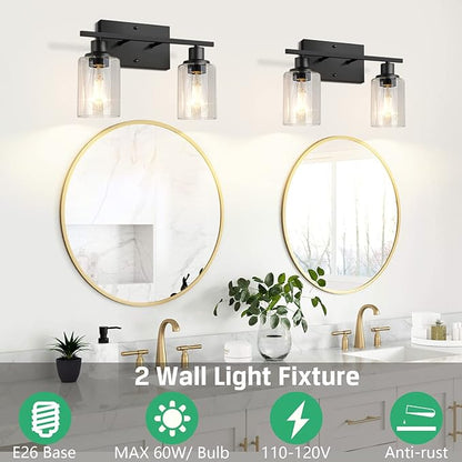 ShineTech 2-Light Bathroom Vanity Light Fixtures, Modern Wall Lighting with Clear Glass Shade, Matte Black Finished Wall Sconce Lighting for Mirror