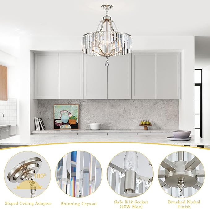 Brushed Nickel Chandeliers for Dining Room 21.7 Inch Crystal Light Fixture 6-Light Modern Farmhouse Round Large Chandeliers for Kitchen Hallway Bedroom Foyer Adjustable Height Hanging Lamp