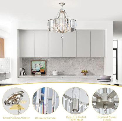 Brushed Nickel Chandeliers for Dining Room 21.7 Inch Crystal Light Fixture 6-Light Modern Farmhouse Round Large Chandeliers for Kitchen Hallway Bedroom Foyer Adjustable Height Hanging Lamp